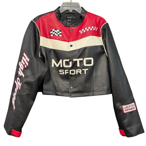 Forever 21+ Moto Sport Racing Jacket 1X Faux Leather Cropped - Picture 1 of 9